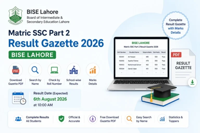 Matric SSC Part 2 Result Gazette 2026 BISE Lahore